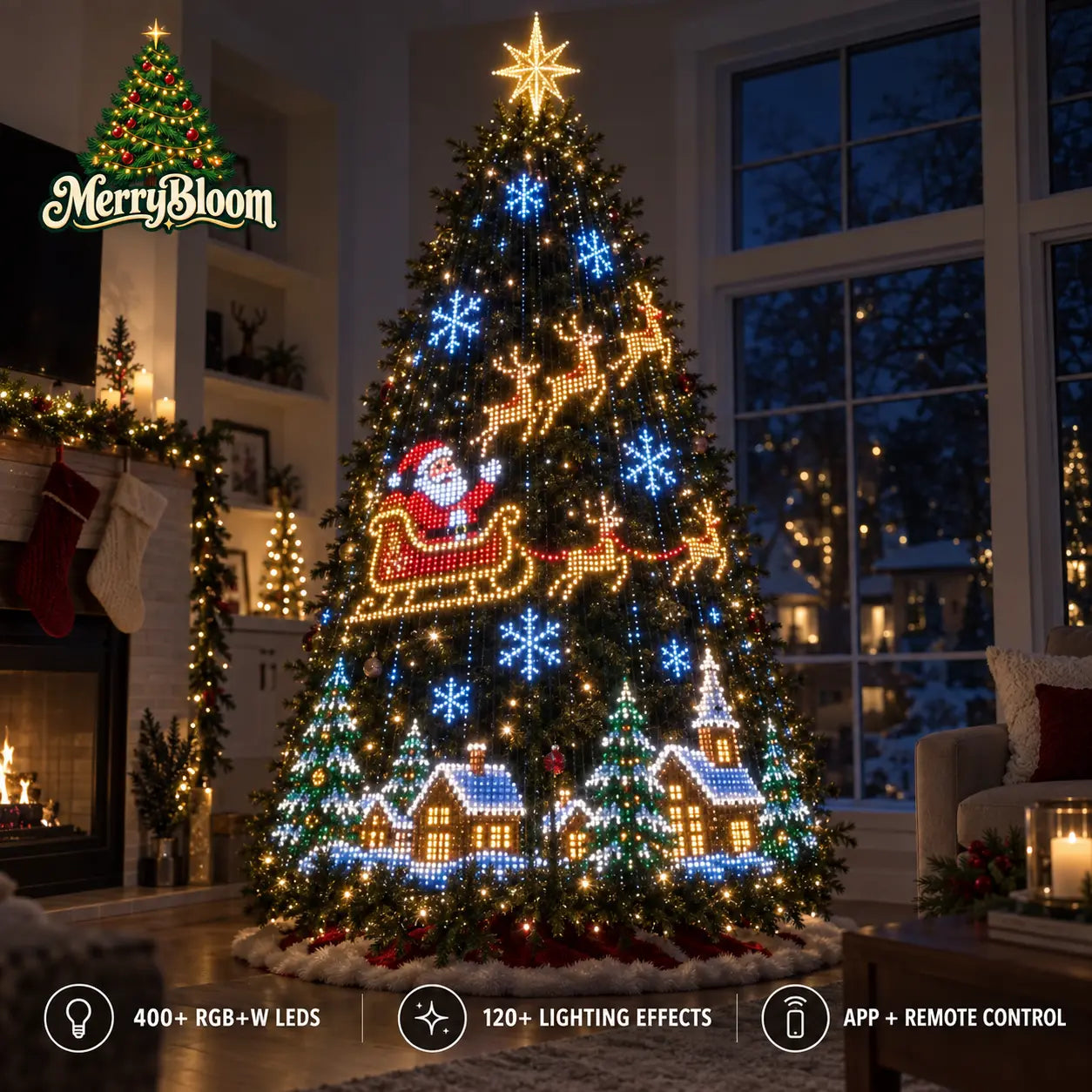 MERRYBLOOM smart tree displaying a Christmas tree in a living room