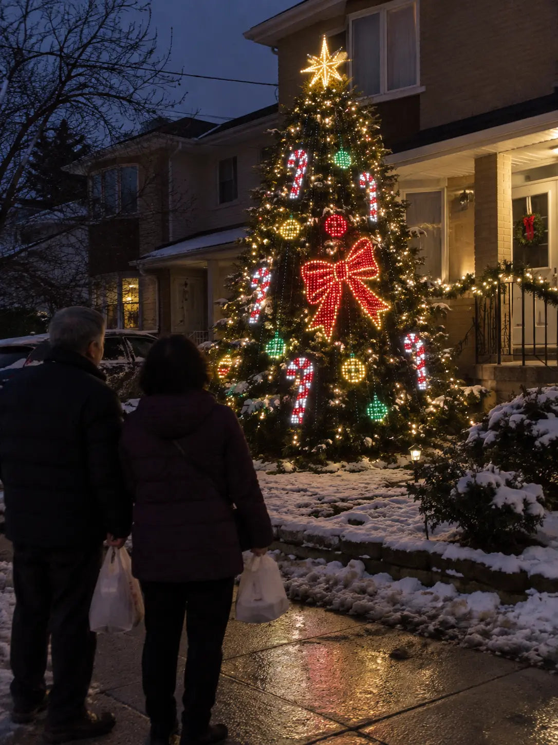 Supplied outdoor UGC style reference photo with smart tree lights