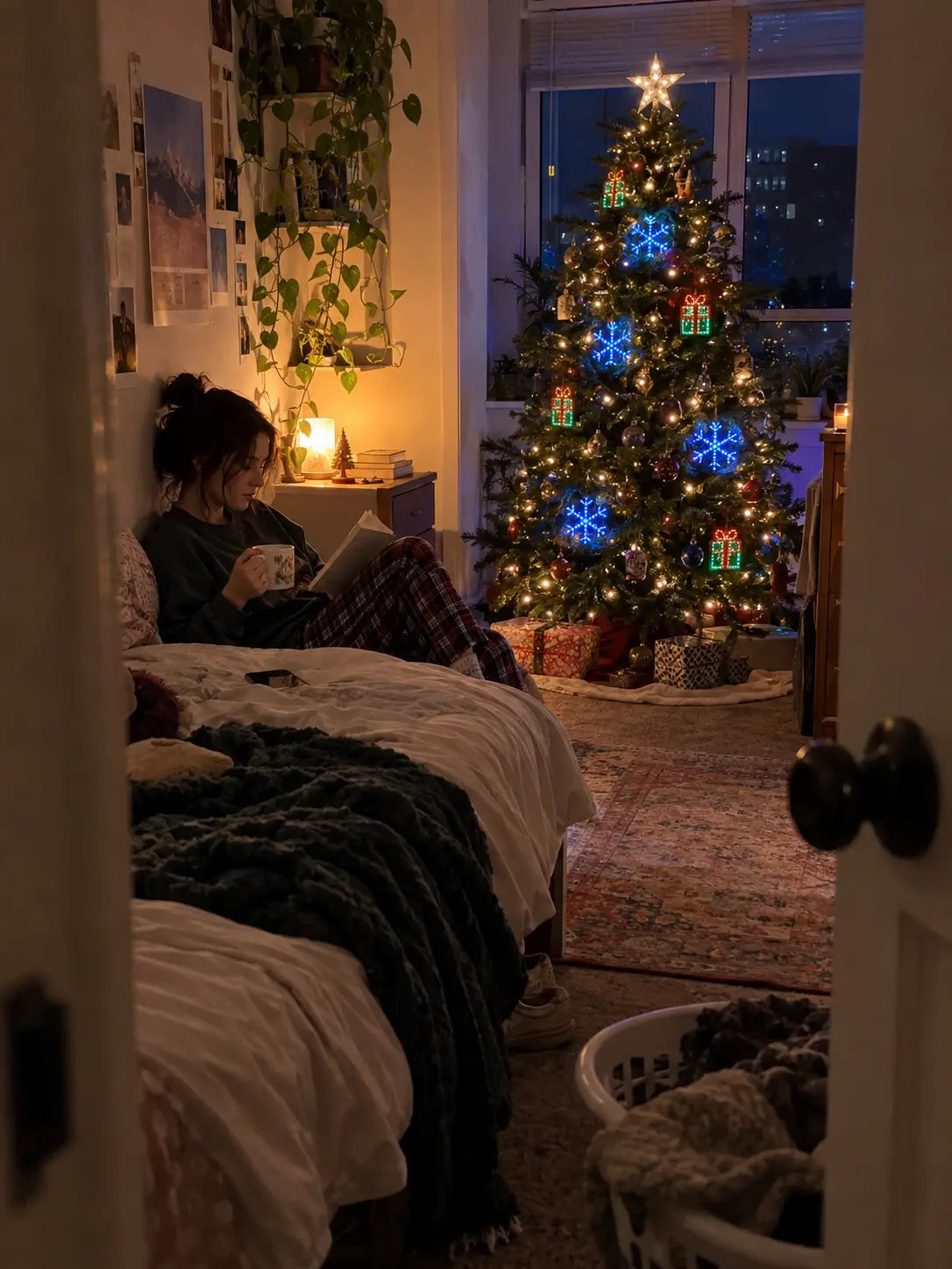 Illustrative candid bedroom phone photo with violet and blue smart tree lights