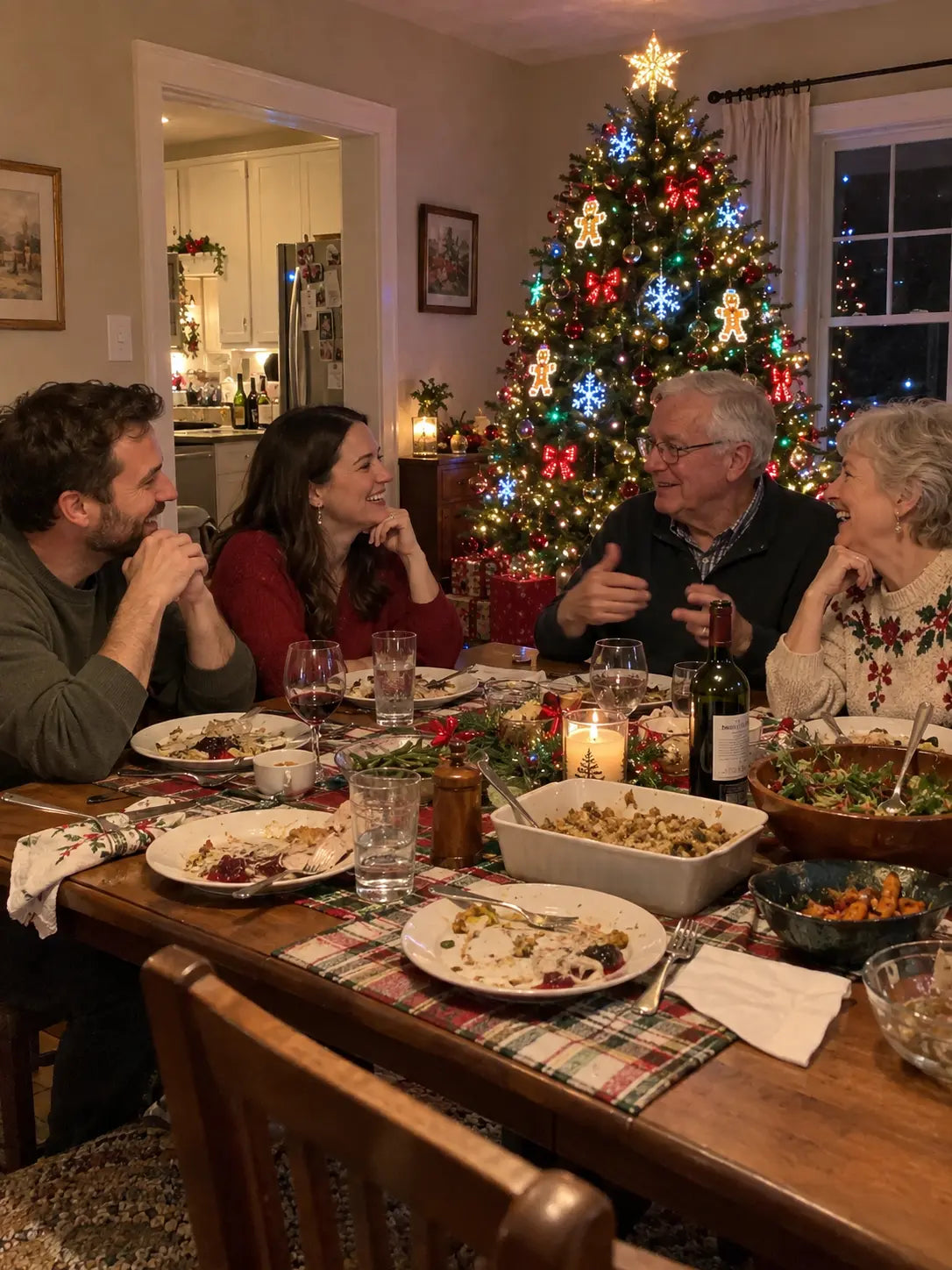 Illustrative candid indoor evening phone photo with older man at dining table and gingerbread smart tree lights