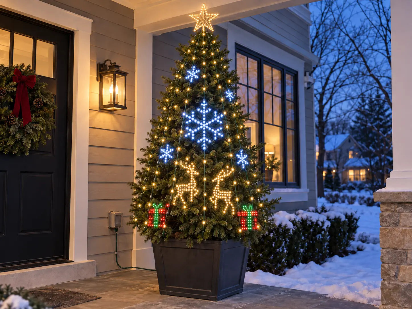 Outdoor Christmas tree after AuroraTree smart lights are on